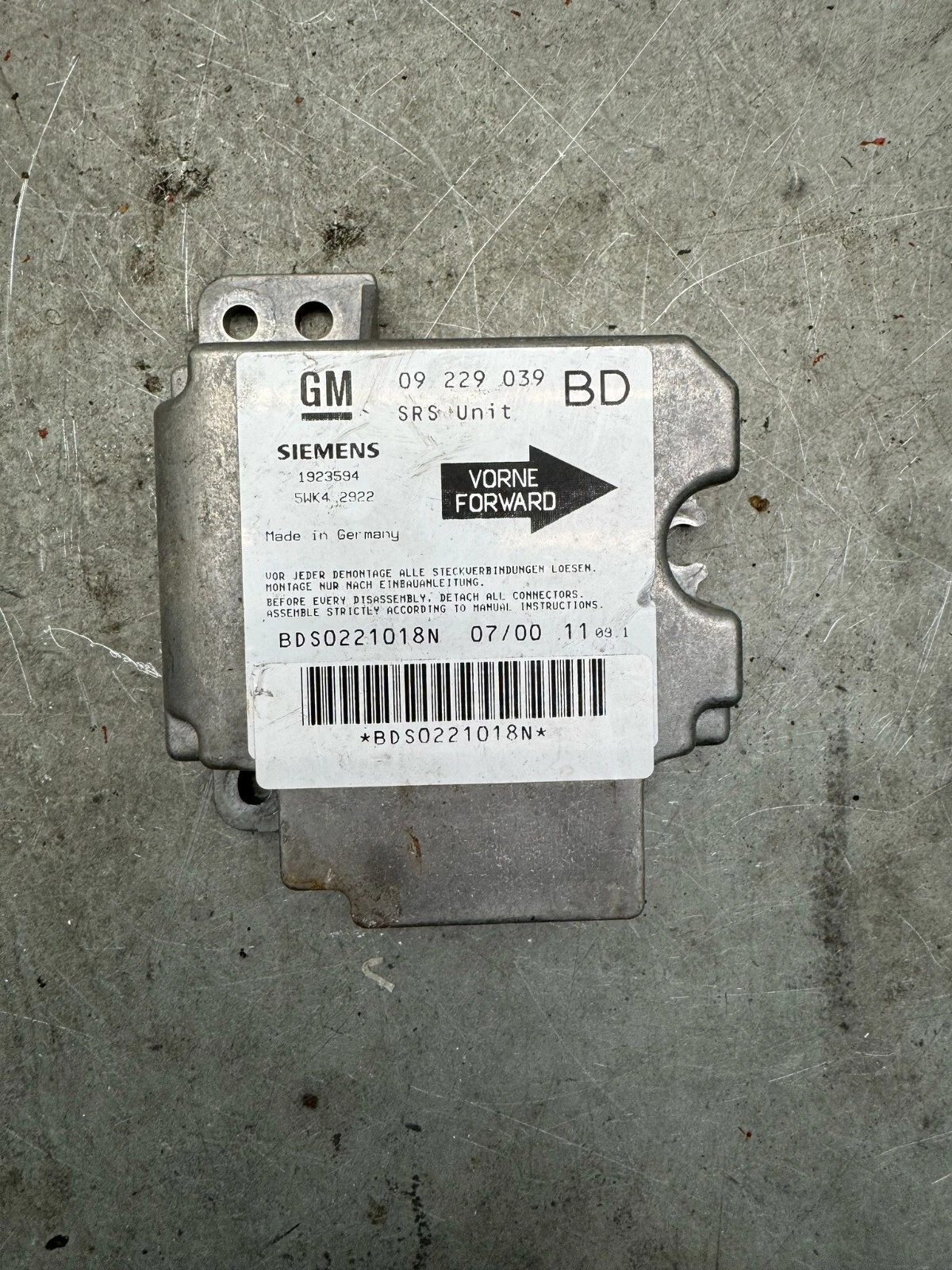 Original Opel Vectra B Airbagsteuergerät Steuergerät 09229039 5WK42922